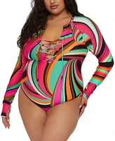 Trina Turk Women's Swoop-Print Long-Sleeve Lace-Up Paddle Suit, Created for Macy's