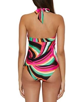 Trina Turk Womens Swoop Print Reversible High Neck Tankini Top Bikini Bottoms