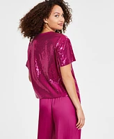 Bar Iii Women's Sequin Short-Sleeve Crewneck Top, Created for Macy's