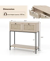 Costway Rattan Console Table with 2 Rattan Drawers & Open Storage Shelf Metal Legs