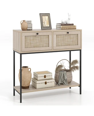 Costway Rattan Console Table with 2 Rattan Drawers & Open Storage Shelf Metal Legs