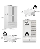 Famapy White Wood Wardrobe Armoires with Mirror,5-Drawers,Adjustable Shelves