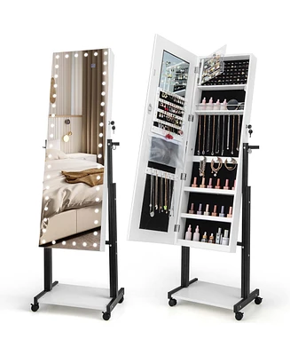 Costway 3-Color 46 Led Lights Mirror Jewelry Cabinet Armoire Adjustable Height with Wheels