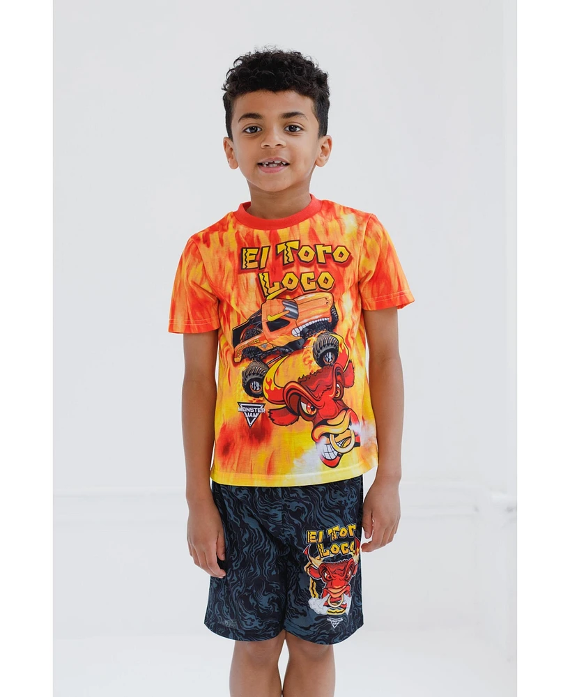 Monster Jam Toddler Boys Pullover Pajama Shirt and Shorts Sleep Set to Grave Digger El Toro Loco Megalodon