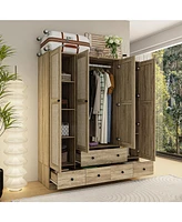 Homsee Brown Wood Grain Rattan Doors Design Armoires Wardrobe with 5-Drawers