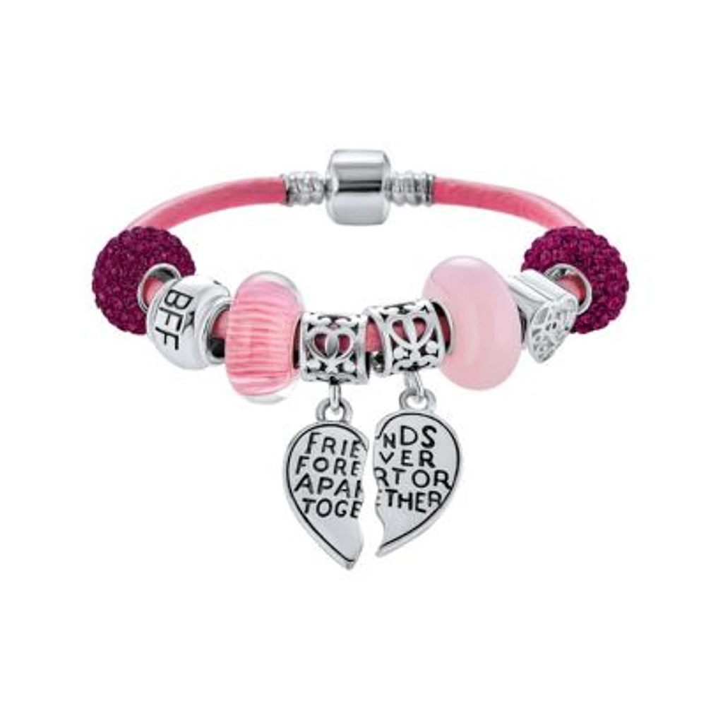 Bling Jewelry 2 Piece Bead Best Friend Sorority Sister Bff Split Heart Theme Multi Charm Bracelet Pink Leather For Women .925 Sterling Silver European Barrel Clasp 8 Inch