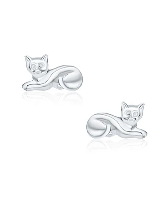 Bling Jewelry Cute Sweet Animal Pet Sitting Laying Kitten Kitty Curious Cat Stud Earrings For Women Polished Shinny .925 Sterling Silver