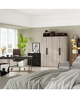 Famapy Grey Wood 4-Door Wardrobe Armoires with Hanging Rod and Storage Shelves