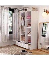 Famapy White Wood Armoires Wardrobe with Hanging Rods, 3-Drawers, Open Shelves