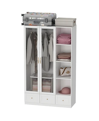 Famapy White Wood Armoires Wardrobe with Hanging Rods, 3-Drawers, Open Shelves