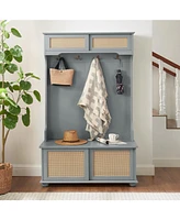 Slickblue Casual Style Hall Tree – Gray Entryway Bench with Rattan Doors, Shelves, and Shoe Cabinets, Solid Wood Feet