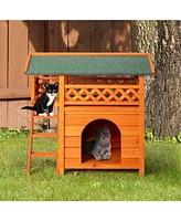 Slickblue 2-Story Wooden Feral Cat House – Outdoor/Indoor Kitty Shelter with Door, Stairs, and Weatherproof Roof, Orange & Green