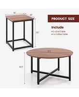 Gymax Round Nesting Table Set of 3 Modern/Farmhouse Coffee w/2 End Tables Walnut & Black