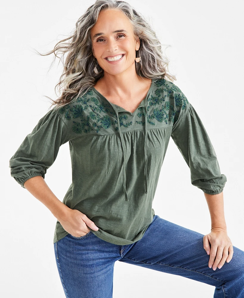 Style & Co Women's Cotton Embroidered Knit Peasant Top, Created for Macy's