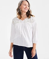 Style & Co Women's Cotton Embroidered Knit Peasant Top, Created for Macy's