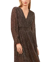 Msk Women's Glitter Plisse Long-Sleeve Midi Dress