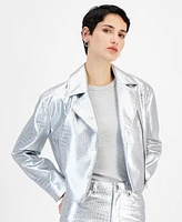 Boss Orange Women's Metallic Croc-Embossed Moto Jacket