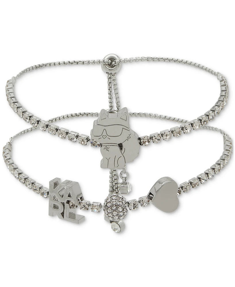 Karl Lagerfeld Paris Silver-Tone 2-Pc. Set Choupette & Logo Charm Crystal Slider Bracelets