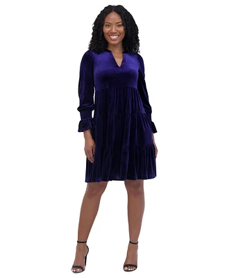 Jessica Howard Women's Velvet Smocked-Sleeve Flounce-Hem Dress