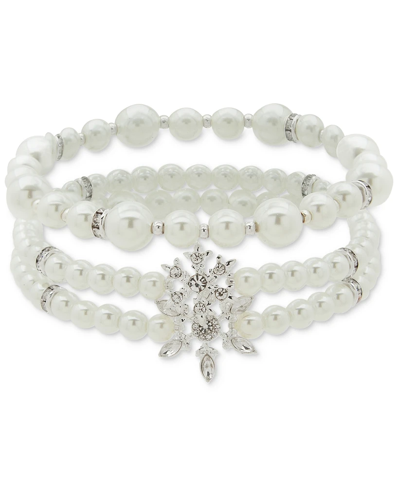 Anne Klein Silver-Tone 3-Pc. Set Crystal Snowflake & Imitation Pearl Stretch Bracelets