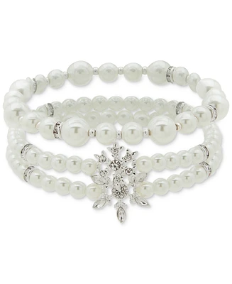 Anne Klein Silver-Tone 3-Pc. Set Crystal Snowflake & Imitation Pearl Stretch Bracelets