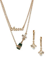 Anne Klein Gold-Tone Mixed Stone Cheers-Motif Layered Pendant Necklace & Drop Earrings Set