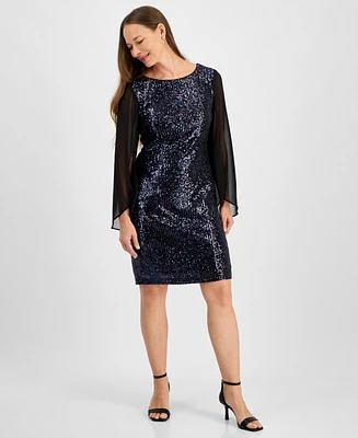 Connected Petite Sequinned Sheer-Sleeve Sheath Dress