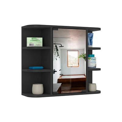 Roma Mirrored Medicine Cabinet, Six External Shelves, Three Interior Shelves, Black