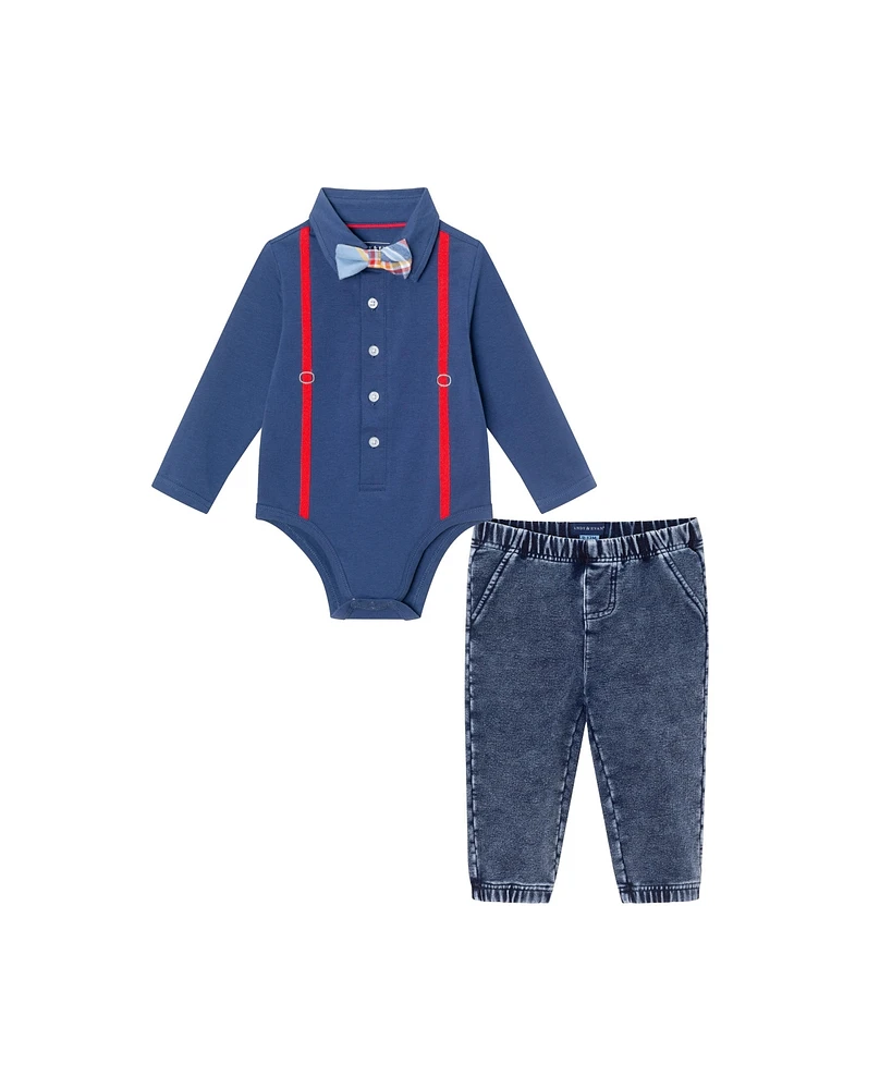 Andy & Evan Baby Boys Navy Suspender Shirtzie w/Faux Denim Terry Pant