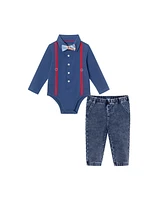 Andy & Evan Baby Boys Navy Suspender Shirtzie w/Faux Denim Terry Pant