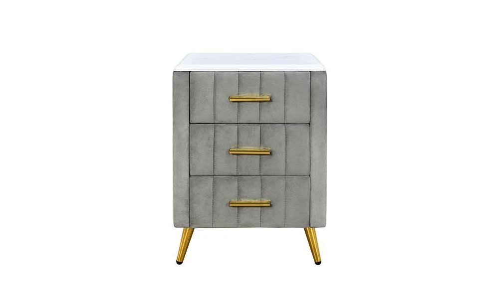 Slickblue Upholstered Wooden Nightstand with 3 Drawers, Metal Legs, and Handles