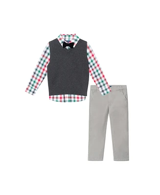 Andy & Evan Toddler Boys Toddler/Child White Plaid Buttondown w/Charcoal Sweater Vest Bowtie