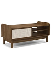 Gymax Rectangular Coffee Table w/ Storage Weaving Sliding Door & Adjustable Shelf