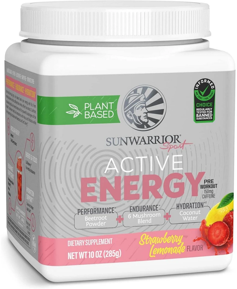 Sunwarrior Active Energy Pre-Workout Plus Hydration Powder, Strawberry Lemonade, 285g