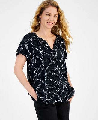 Style & Co Women's Printed Split-Neck Flutter-Sleeve Top, Created for Macy's