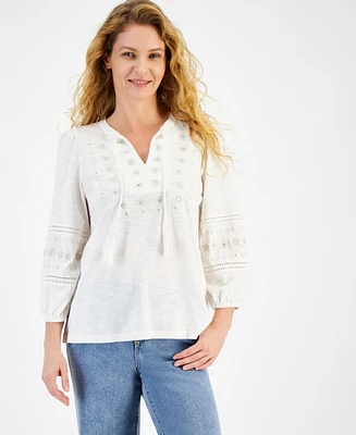 Style & Co Women's Embroidered Embellished Knit Peasant Top, Created for Macy's