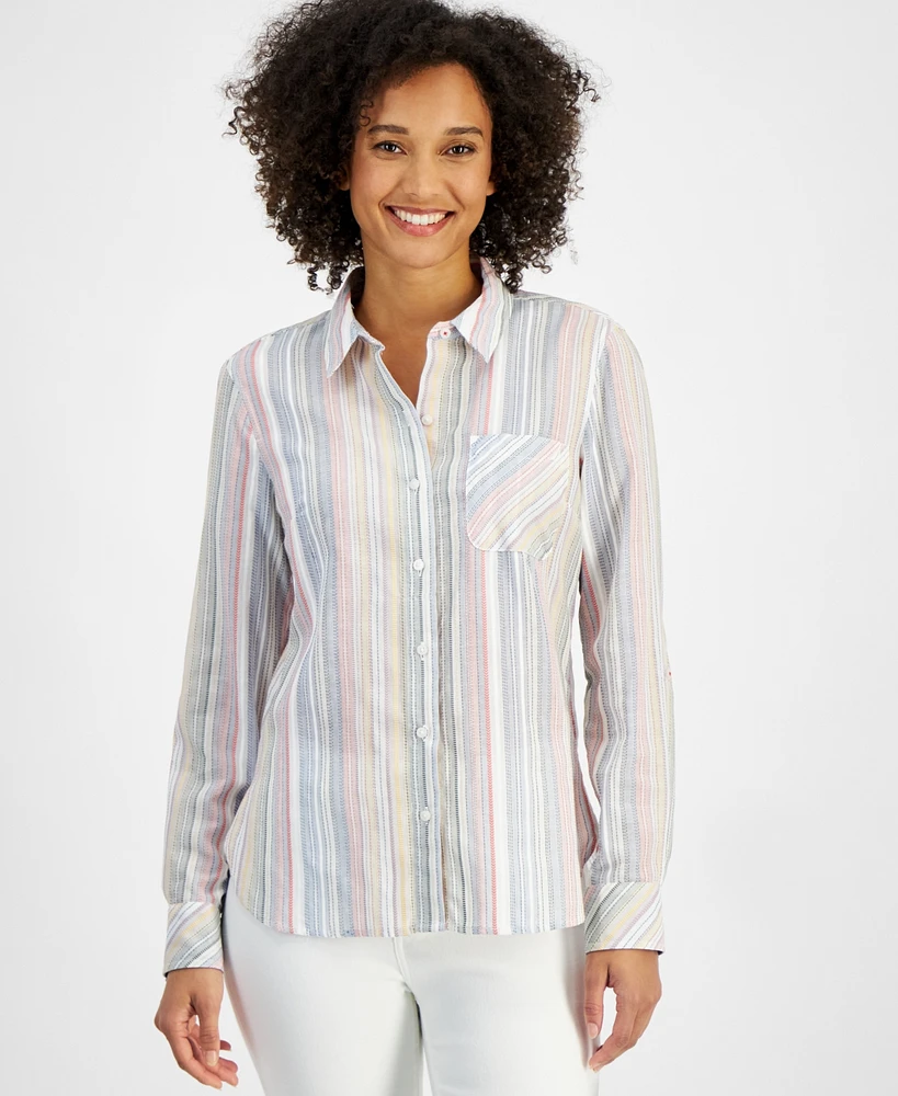 Nautica Jeans Women's Cotton Dobby-Striped Roll-Tab Shirt