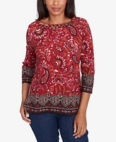 Ruby Rd. Petite Embellished Envelope Neck Paisley Border Printed Knit Top