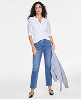 On 34th Women's Eyelet Puff Sleeve Henley Top, Created for Macy's