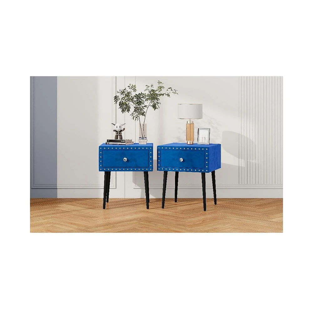 Slickblue Modern Nightstands Set of 2 with Drawer and Crystal Handle, Elegant Rivet Velvet Design Bedside Table for Bedroom, Blue