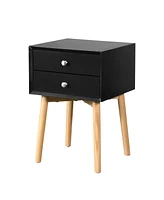 Slickblue Mid-Century Modern Side Table with 2 Drawers & Rubber Wood Legs, Black Storage Cabinet