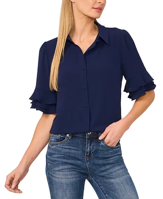 CeCe Women's Short Sleeve Ruffle Button Down Blouse