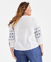 Style & Co Plus Size Embroidered 3/4-Sleeve Button-Front Blouse, Created for Macy's