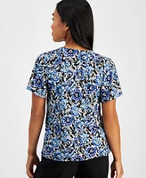 Ak Anne Klein Petite Floral-Print Raglan-Sleeve Top