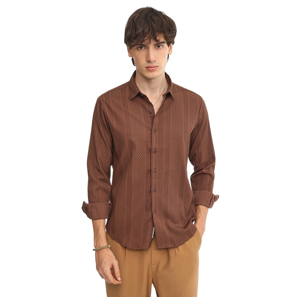 Campus Sutra Men's Chocolate Brown Mesh-Textured Knit Shirt