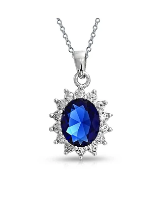 Bling Jewelry Style Royal Blue Oval Halo Crown Pendant Necklace For Women .925 Sterling Silver