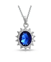 Bling Jewelry Style Royal Blue Oval Halo Crown Pendant Necklace For Women .925 Sterling Silver