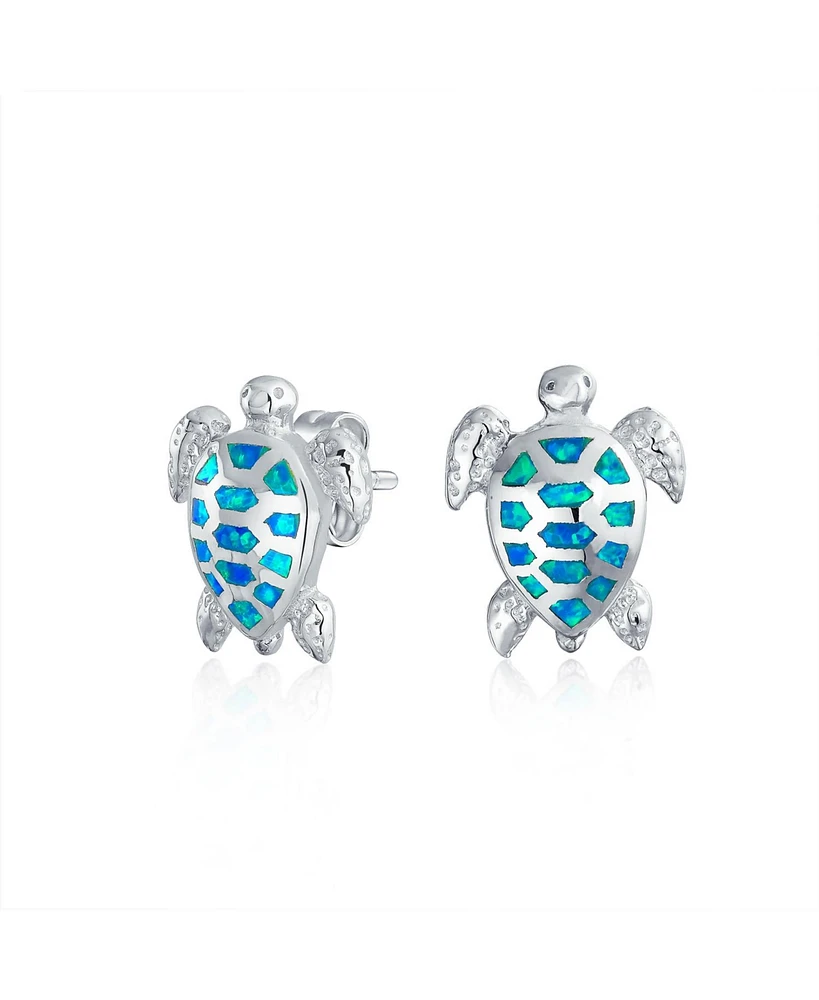 Bling Jewelry Nautical Tropical Beach Vacation Iridescent Created Opal Inlay Sea Tortoise Turtle Stud Earrings For Women .925 Sterling Silver 13M