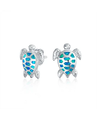 Bling Jewelry Nautical Beach Vacation Iridescent Created Opal Inlay Sea Tortoise Turtle Stud Earrings For Women Sterling Silver 13MM