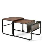 Gymax Nesting Coffee Table Set of 2 Industrial Stackable Side Table w/ Magazine Holder